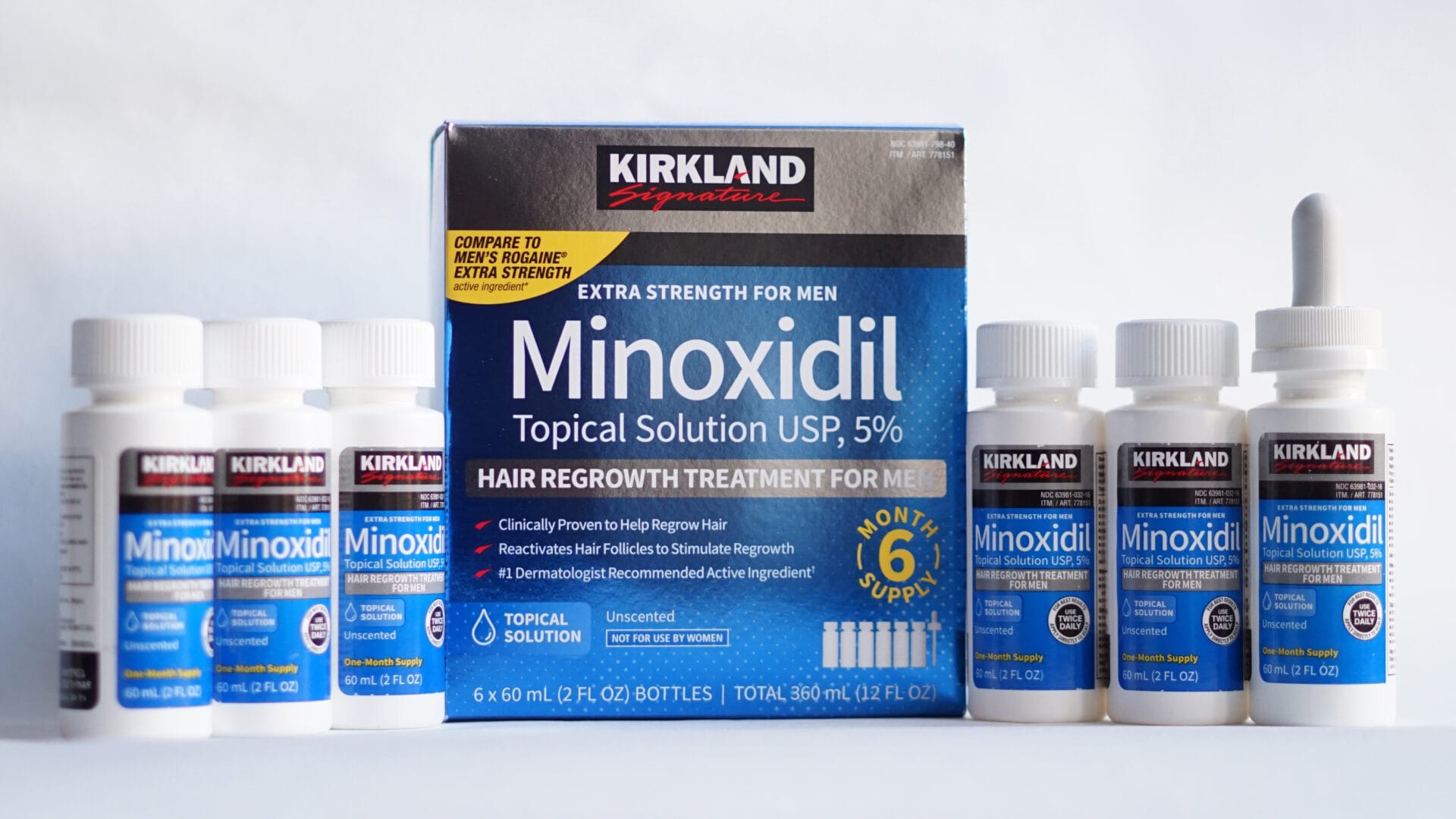 Набір флаконів з міноксидилом Kirkland для ефективного лікування випадіння волосся та стимуляції їх росту.