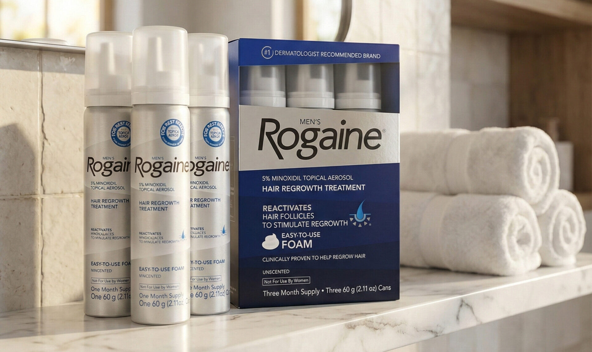 Rogaine Minoxidil 5% піна для росту волосся та бороди для чоловіків (3 флакони)