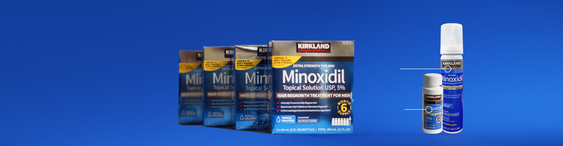 Набір міноксидилу Kirkland 5% на синьому банері — піна та лосьйон для росту волосся. Який міноксидил кращий?