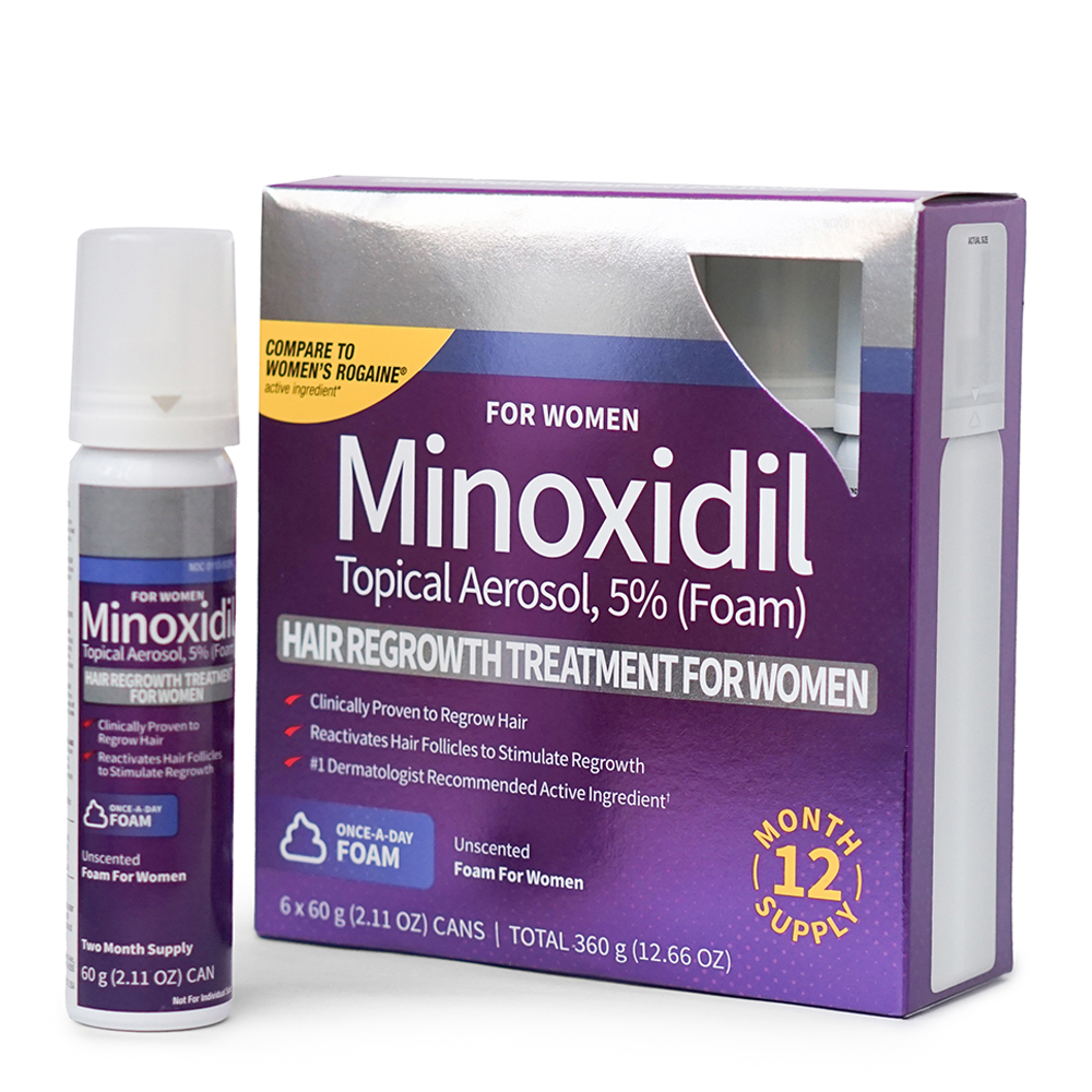 Жіночий міноксидил 5% у формі аерозолю піна флакон та коробка