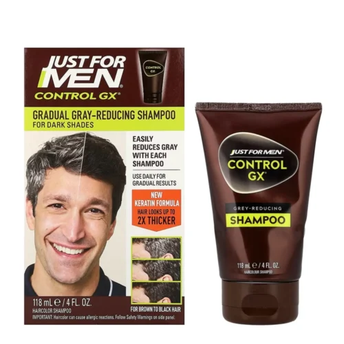 Чоловічий шампунь Just For Men Control GX для поступового зафарбовування сивини. Фото результату до та після.