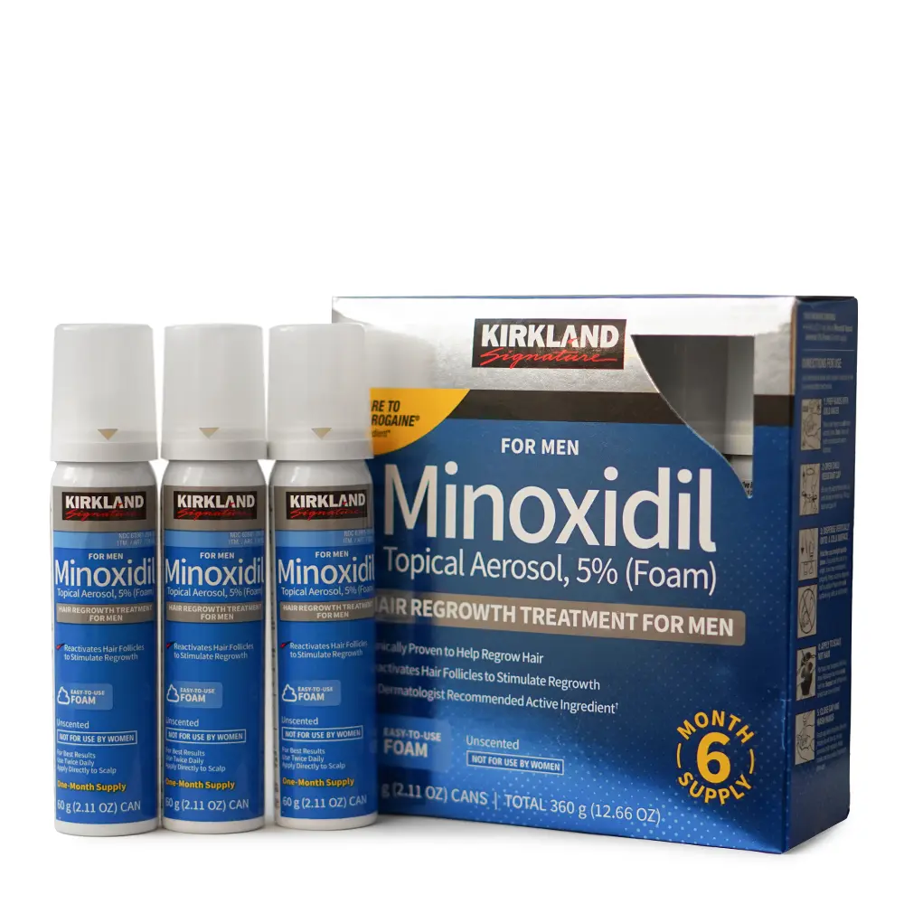 Міноксидил піна 5% Kirkland Signature для чоловіків, повний курс 6 місяців (6 флаконів) — засіб проти випадіння волосся.