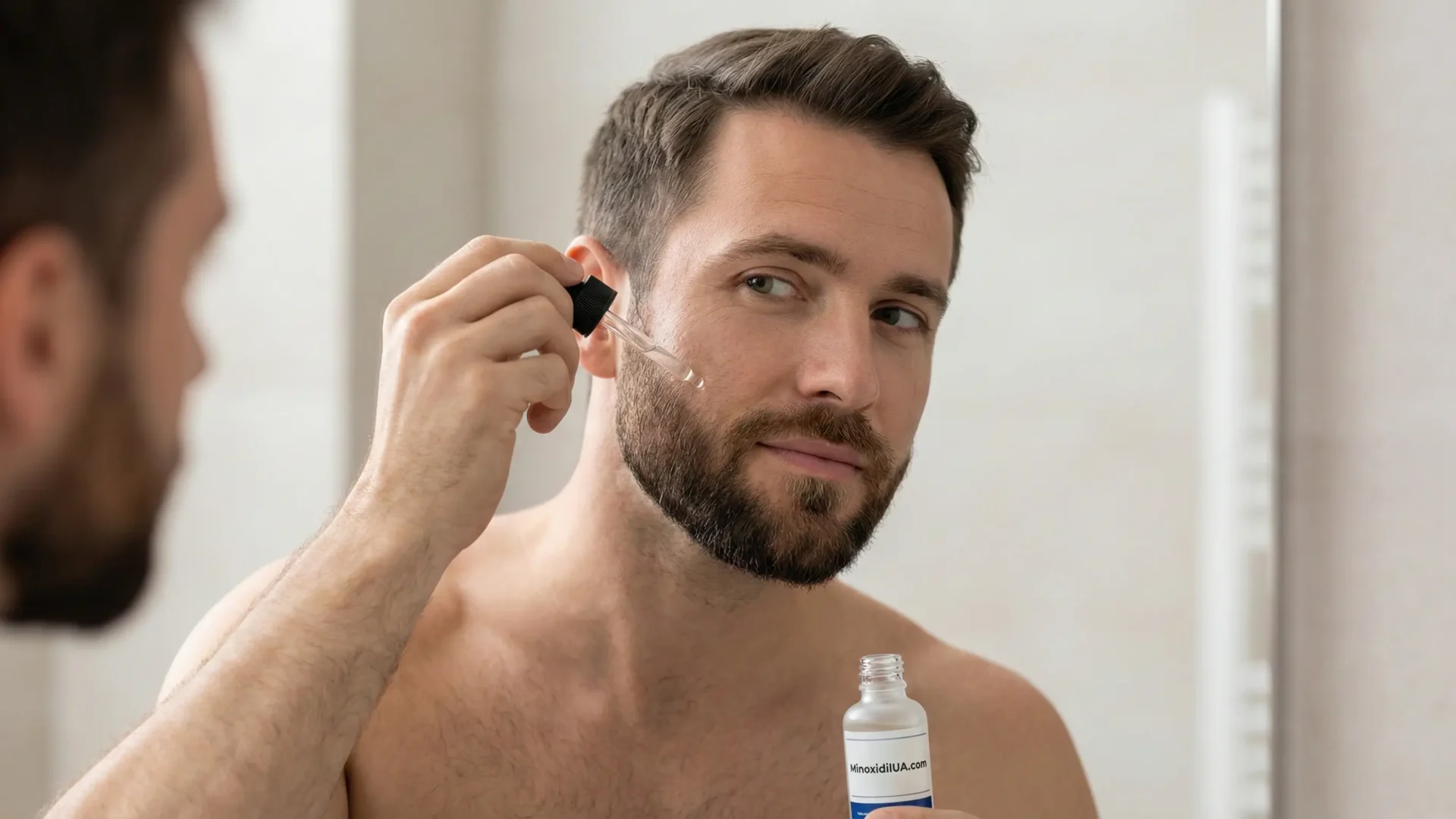 Чоловік наносить міноксидил на бороду перед дзеркалом — Через скільки діє міноксидил: реальні терміни та поради MinoxidilUA.