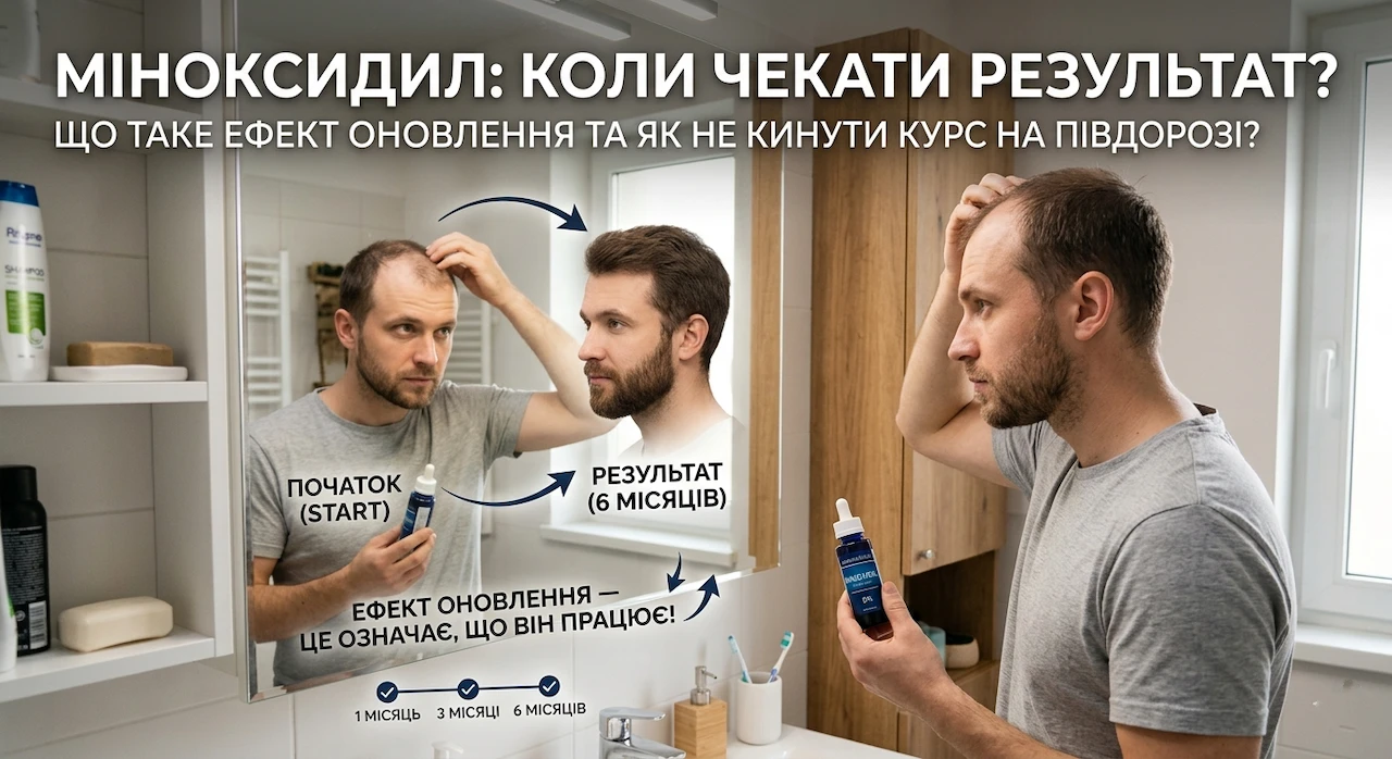 Чоловік оцінює результат від міноксидил для росту волосся та бороди в дзеркалі, етапи оновлення та густоти від міноксидилу