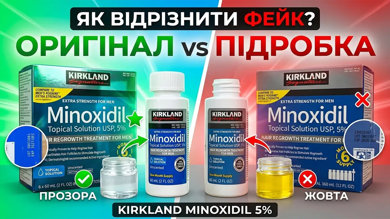 Як відрізнити оригінальний міноксидил Kirkland 5% та підробки: як відрізнити фейк за пакуванням та кольором рідини